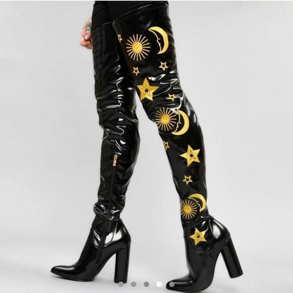 Onyx Astrid Black Vinyl Embroidered Thigh Highs
